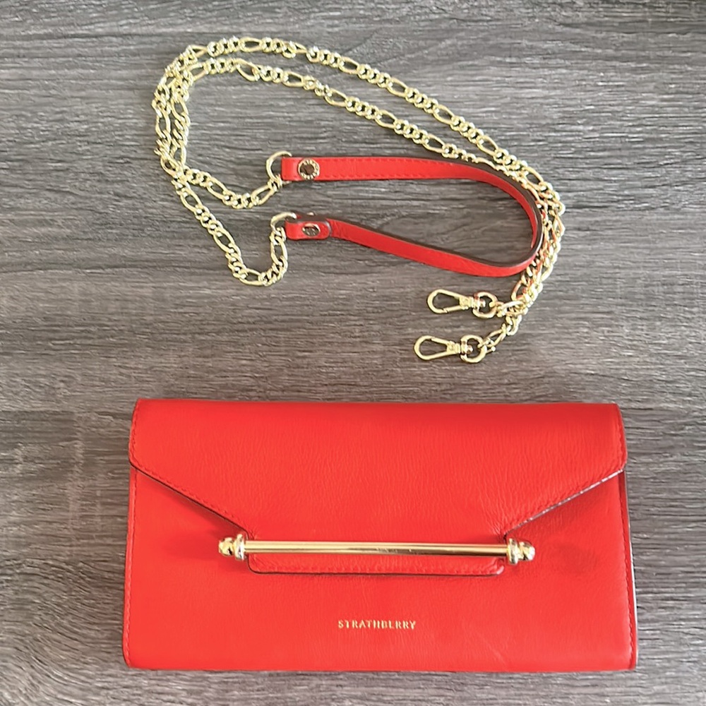 Strathberry Multrees Chain Wallet in red. Includes box and dust bag.